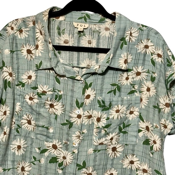 POL Cotton Gauzy Lightweight Floral Plaid Button Down Cuffed Sleeve Blouse - Picture 2 of 11